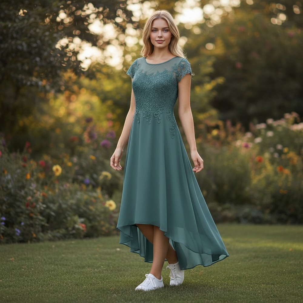 Green Lace Bodice Chiffon Dress Formal Occasion Mother of Bride S 12 /#9226